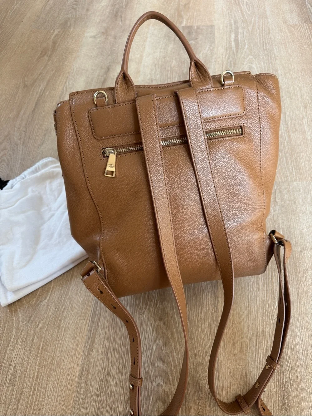 Mina Baie harper midi leather diaper bag backpack tan gold